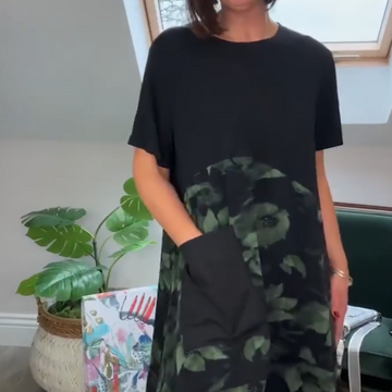 Round Neck Leaf Print Dress with Pockets