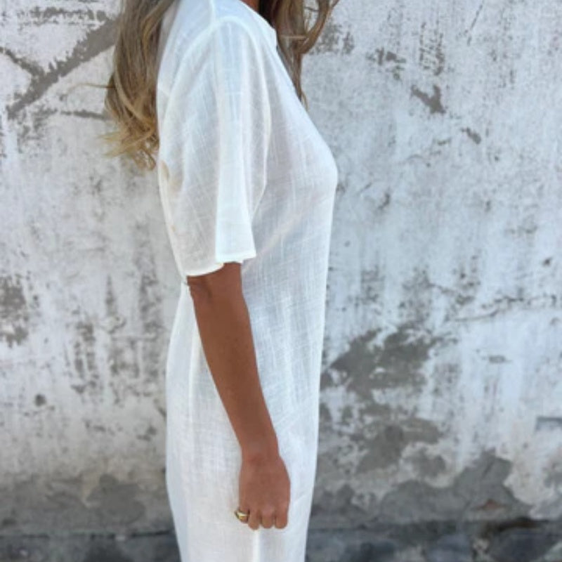Women's V Neck Linen Dress With Hand Embroidered Neckline