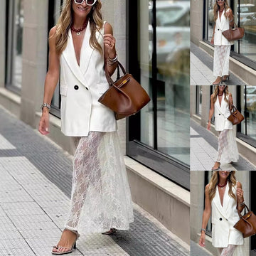 Sleeveless Blazer Vest & Lace Skirt (2-Piece Set)