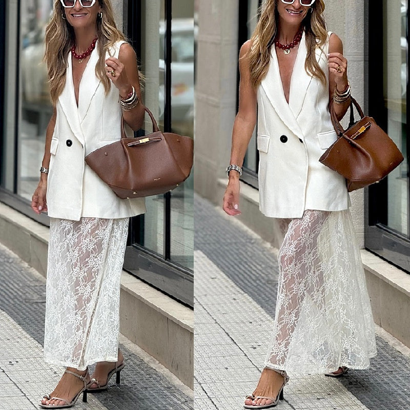 Sleeveless Blazer Vest & Lace Skirt (2-Piece Set)