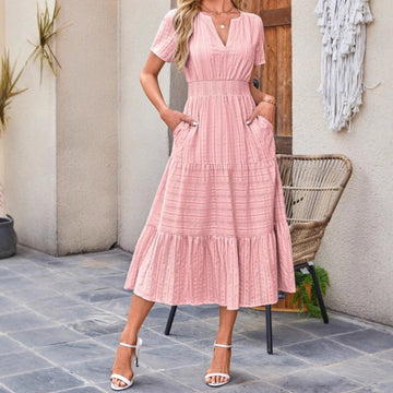 Women's Casual Summer Short-Sleeve V-Neck Long Dresses