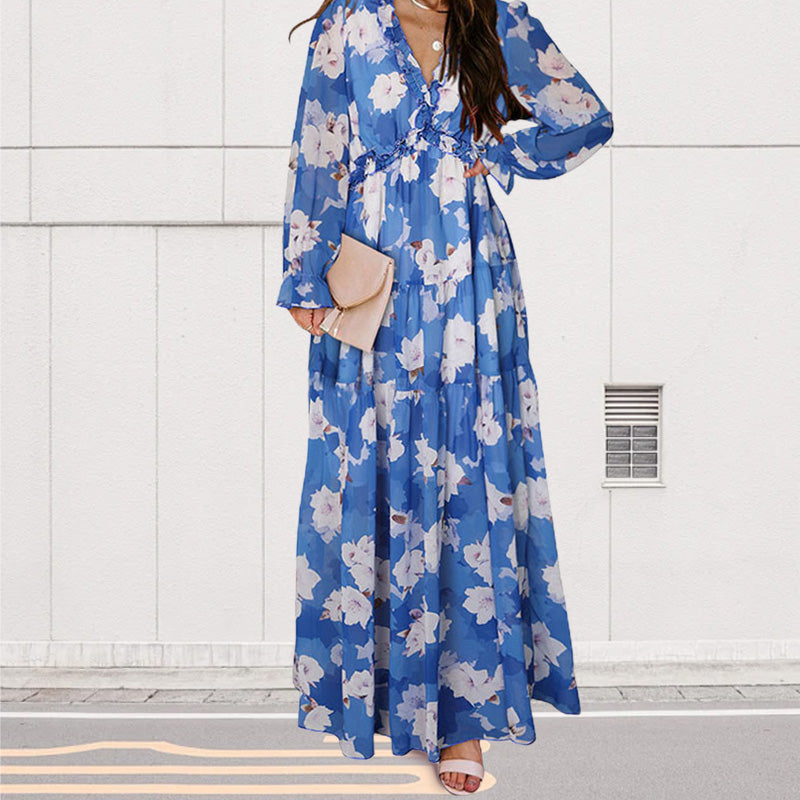 Women's Floral V-Neck Long Sleeve Flowy Dress