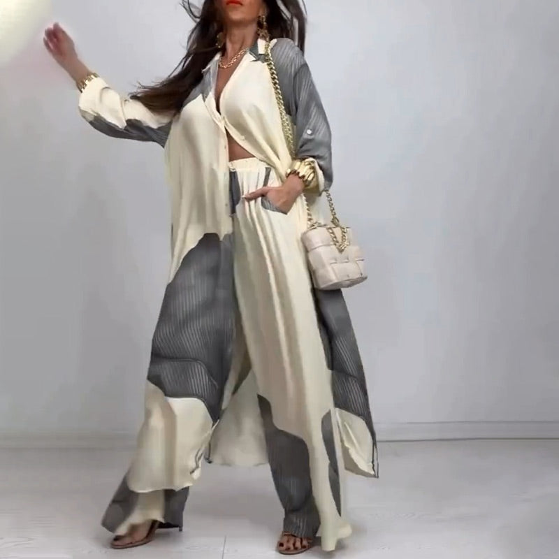 Women's 2-Piece Long Shirt Dress & Wide Leg Pants Set