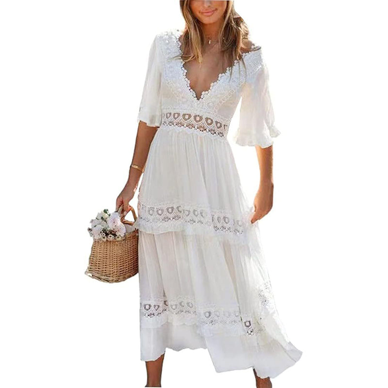 V-Neck Lace Back Maxi Dress