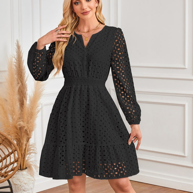 Women's V-Neck Long Sleeve Hollow Out Dress