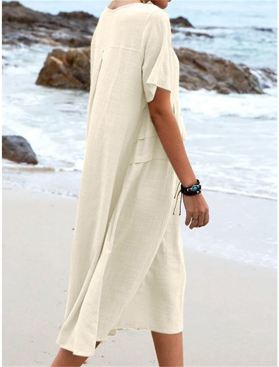 Women's Round Neck Cotton Linen Midi Dress