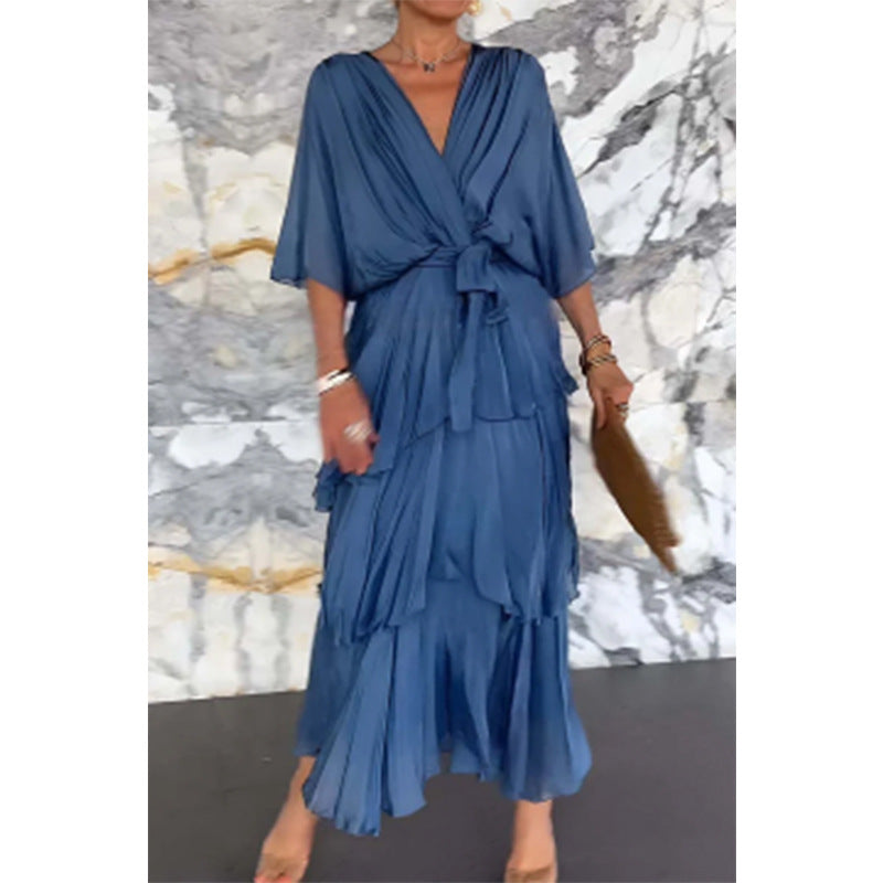 Elegant V-Neck Wrap Waist Tie Layered Dress