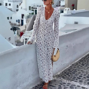 Elegant U-Neck Floral Lace Sheer Midi Dress