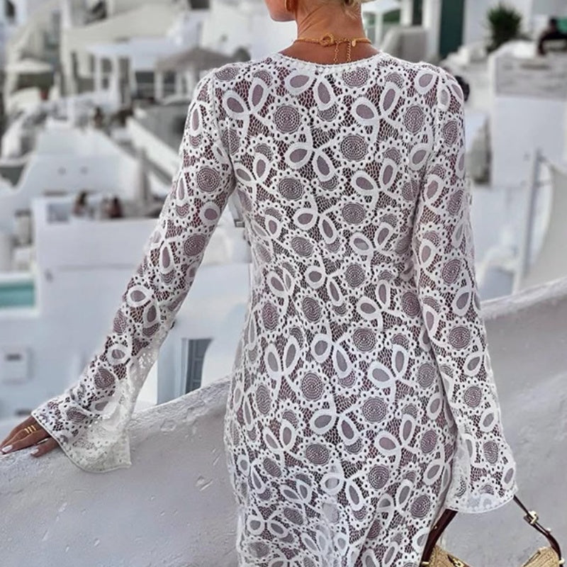 Elegant U-Neck Floral Lace Sheer Midi Dress