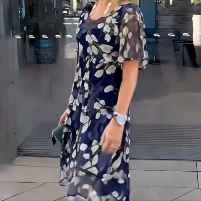 Women’s Elegant Floral Print Short Sleeve Flowy Dress