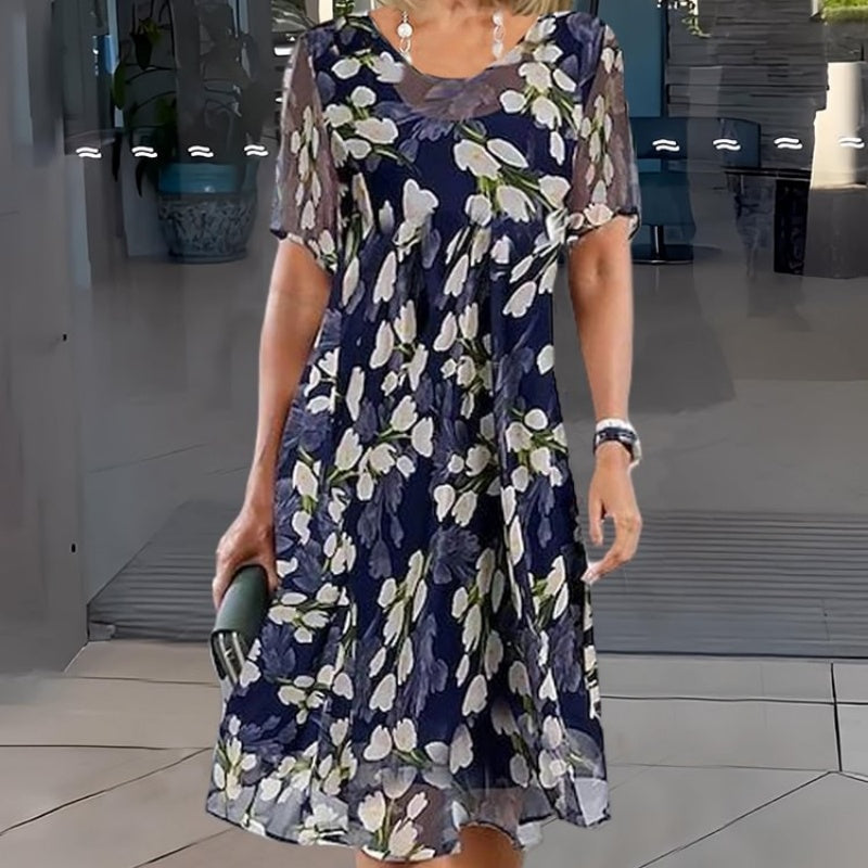 Women’s Elegant Floral Print Short Sleeve Flowy Dress