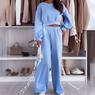 Round-Neck Top & Wide-Leg Pants 2-Piece Set