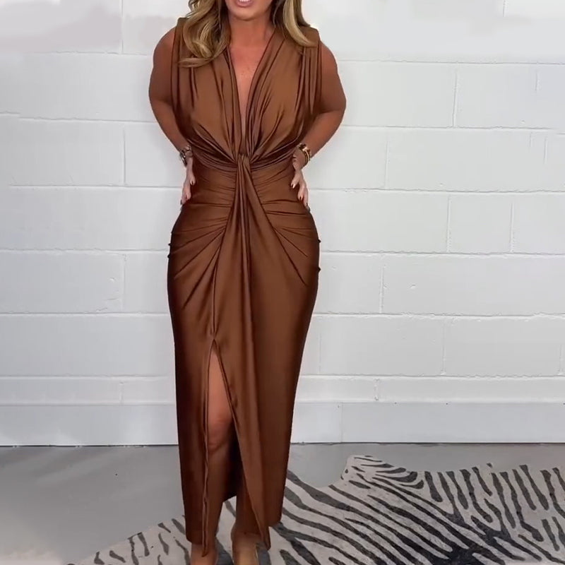 V-Neck Sleeveless Waist-Cinching Slit Dress