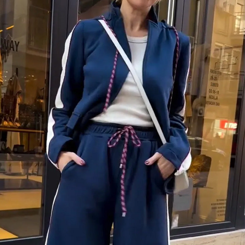 Women's Round Neck Drawstring Striped Commuter Suit