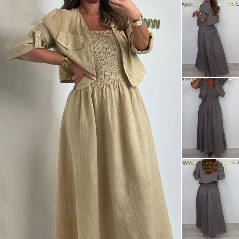 Elegant Pleated Long Dress & Short Jacket 2-Piece Set