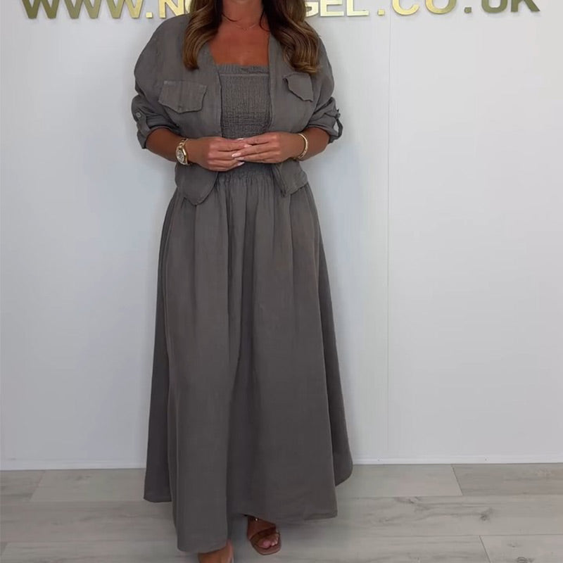 Elegant Pleated Long Dress & Short Jacket 2-Piece Set