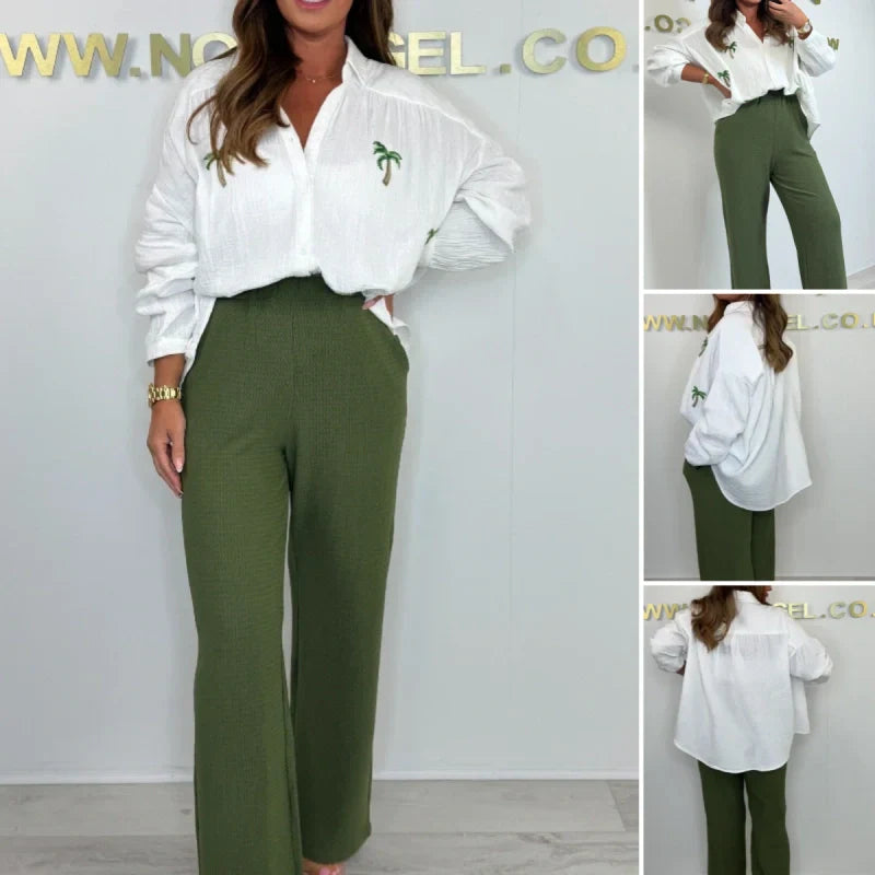 Coconut Tree Embroidered Shirt & Green Pants Set