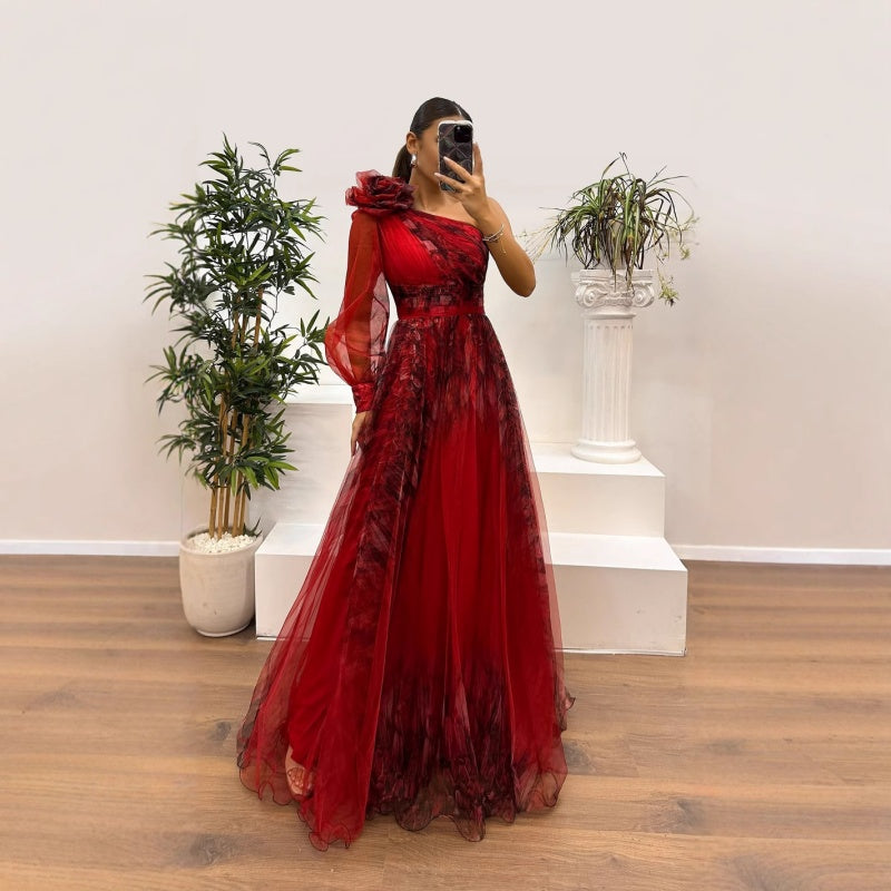 Women's Fashion Slant Shoulder Mesh Printed Dresses