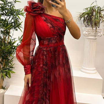 Women's Fashion Slant Shoulder Mesh Printed Dresses