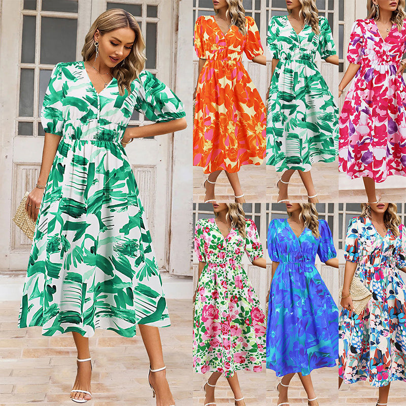 V-neck Printed Casual Dress