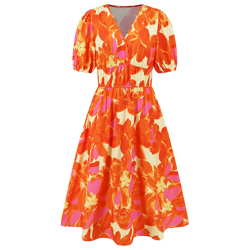 V-neck Printed Casual Dress