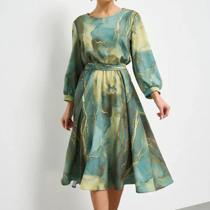 Women's Long Sleeve Fashion Printed Waist Dresses