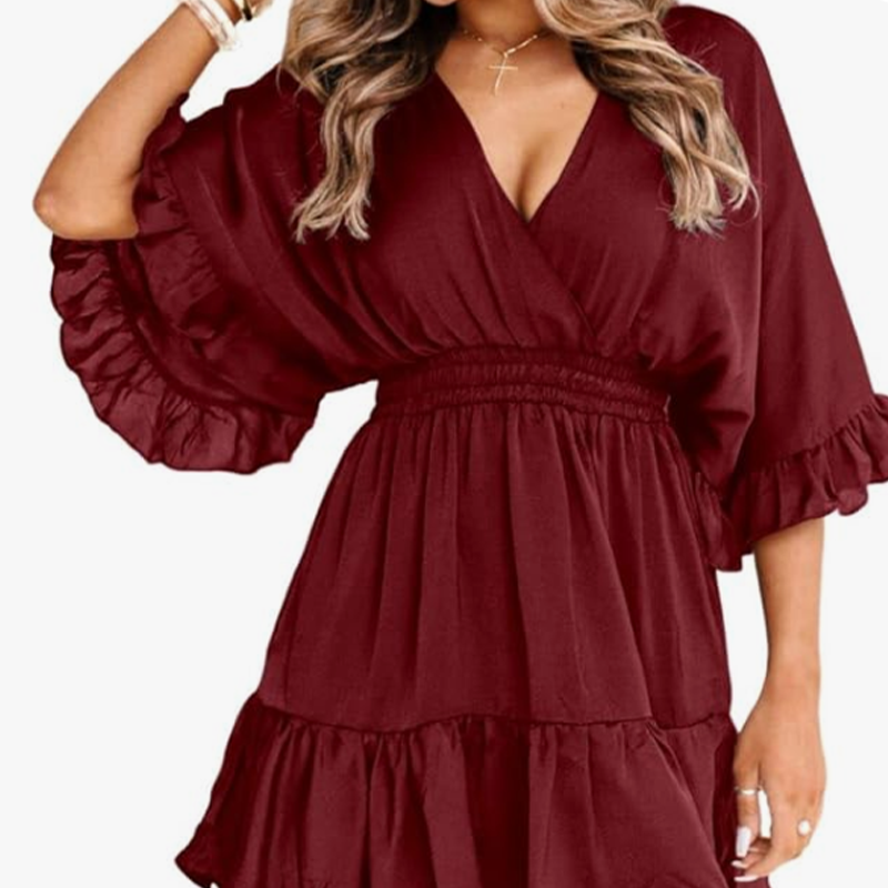 Women's V-Neck Dress with Elasticized Waistband