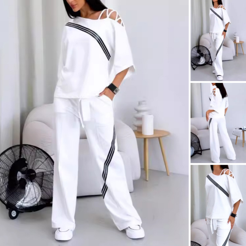 Women’s Striped Short-Sleeve Tops ＆ Pants Two-Piece Set