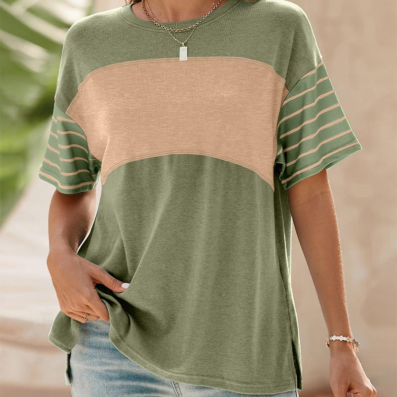 Women's Casual Round Neck Striped Color Clash Short Sleeve Top