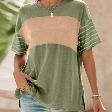 Women's Casual Round Neck Striped Color Clash Short Sleeve Top