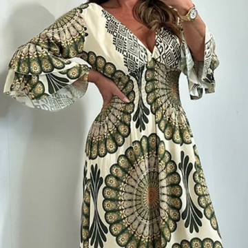 Women's Fashion Printed V-Neck Waist Dress