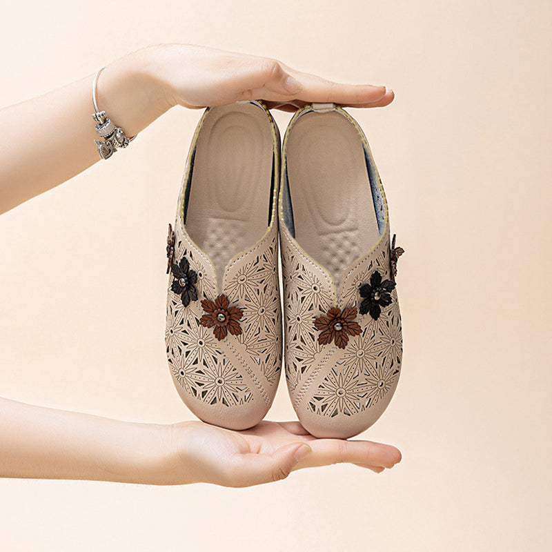 Women's Elegant PU Leather Slide Sandals with Floral Design