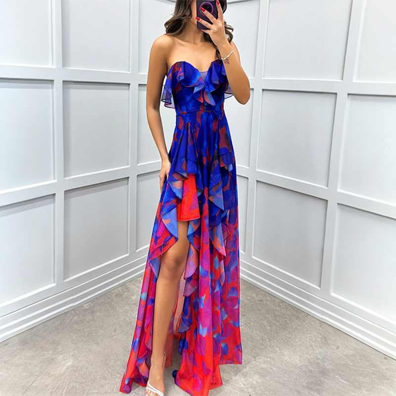 Women's Fashion Printed Mesh Sheath Split Dresses