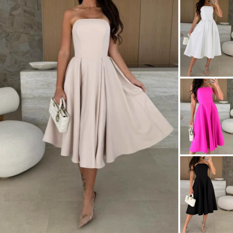 Elegant Solid Color Strapless Midi Dress
