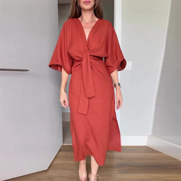Women’s Elegant Waist Tie Side Slit V-Neck Dress