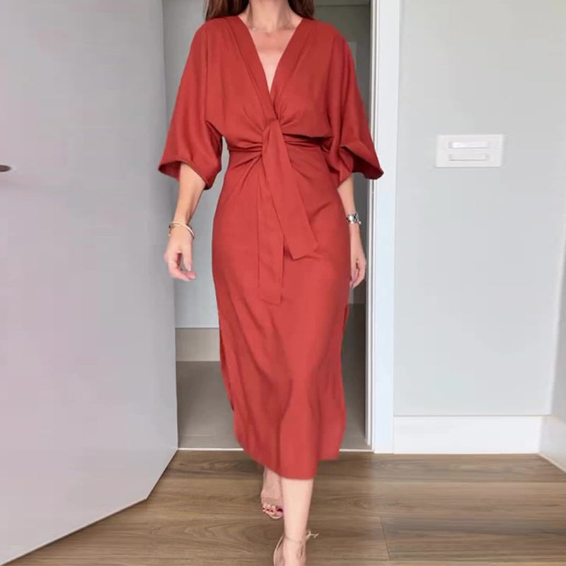 Women’s Elegant Waist Tie Side Slit V-Neck Dress