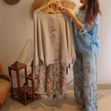 Women's Loose Fit Blouse & Floral Printed Wide-Leg Pants Set