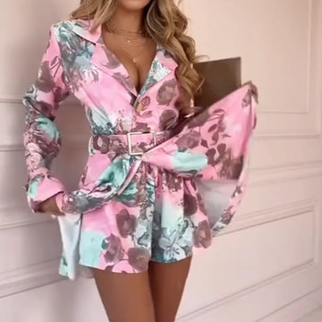 Women's Fashion Floral Waisted Long Sleeve Dresses