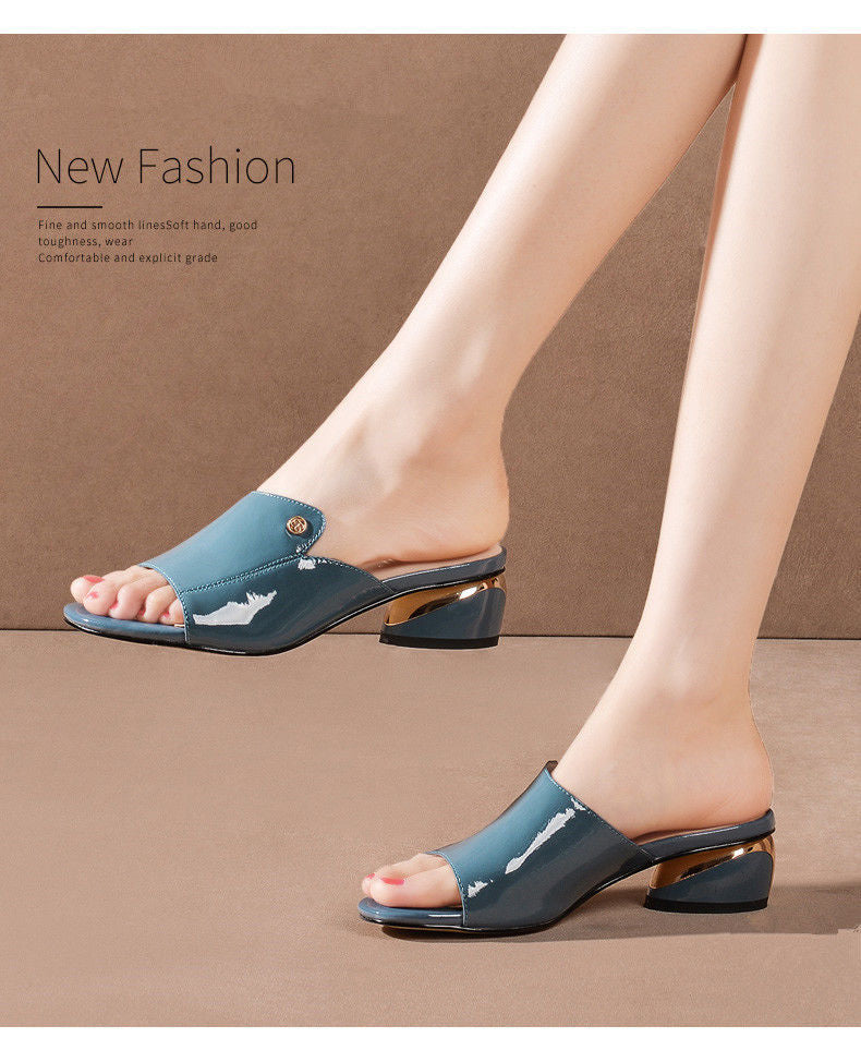 Women's Chunky Heel Soft Leather Fish Mouth Sandals