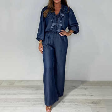 Women's Tiered Long-Sleeve Tops ＆ Wide-Leg Pants Set