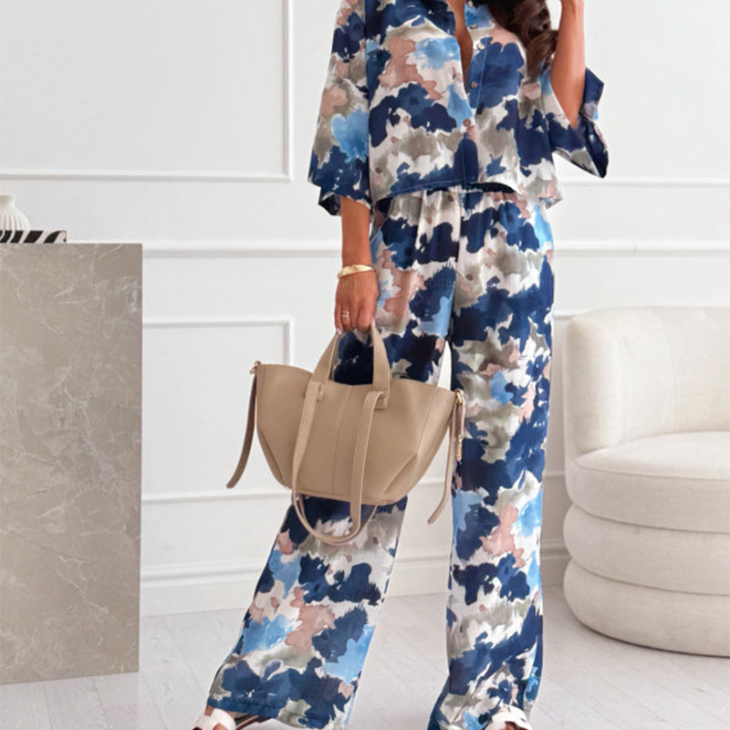Women's Floral Lapel Mid-Length Sleeve Loose Wide Leg Pants Set