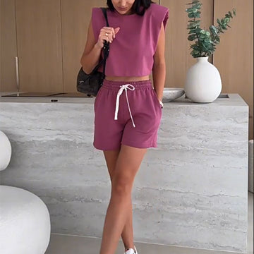 Women's Fashion Solid Color Sleeveless Top & Shorts Two Piece Set