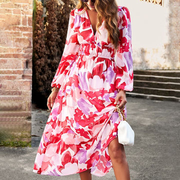 Printed Casual Boho Dress With V-Neck For Women