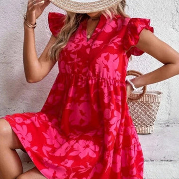 Ruffle Sleeve V-Neck Printed Dress