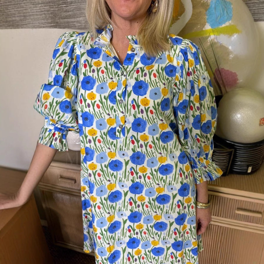Women's Floral Printed Belted Bubble Sleeve Dress