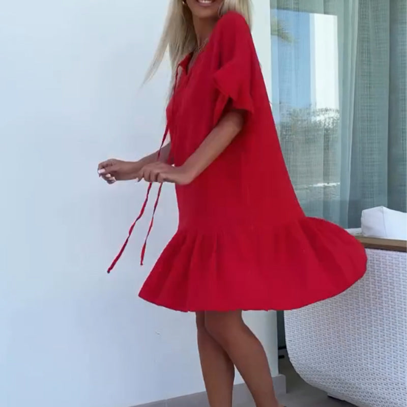 Women's Floral Trim Short Sleeve Solid Color Short Dresses