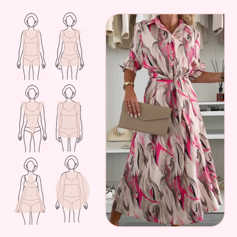 Women's Button-Down Shirt Midi Dress with Waist Tie