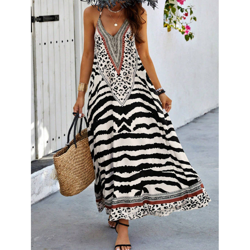 Zebra Leopard Print Slip Maxi Dress