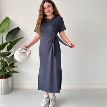 Women's Solid Color Short Sleeve Side Tie Split Dresses