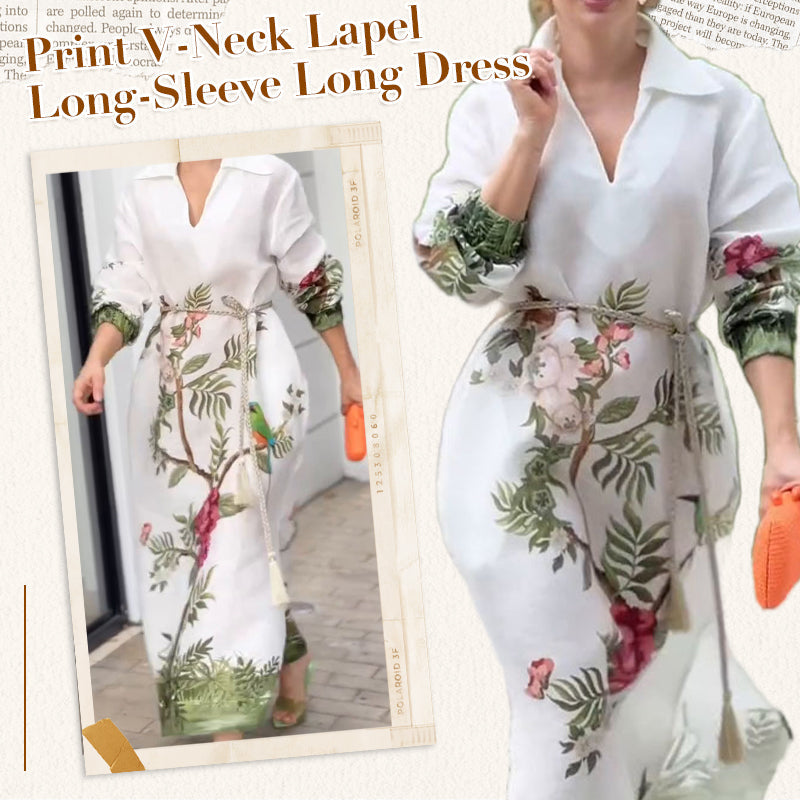 Women’s Print V-Neck Lapel Long-Sleeve Long Dress